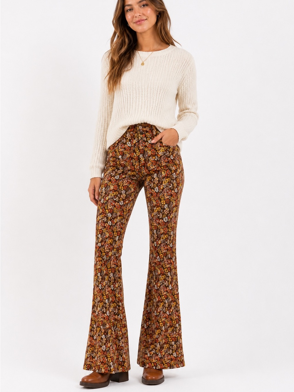 Hollister High Rise Flare Pants Retro Floral Brown Orange Boho